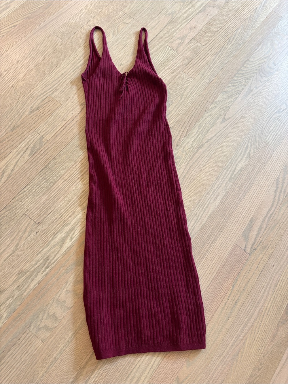 lovestitch Sleeveless Rib Knit Midi Dress in Burgundy spaghetti straps Small